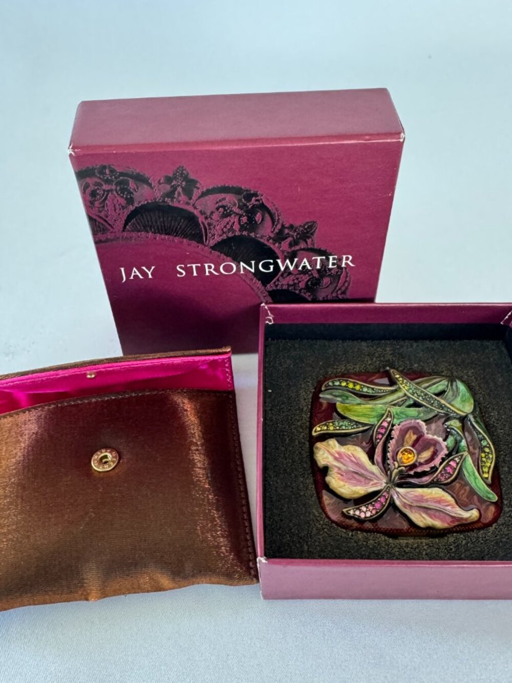 Jay Strongwater Orchid Embellished Compact Mirror With Swarovski Crystals & Box